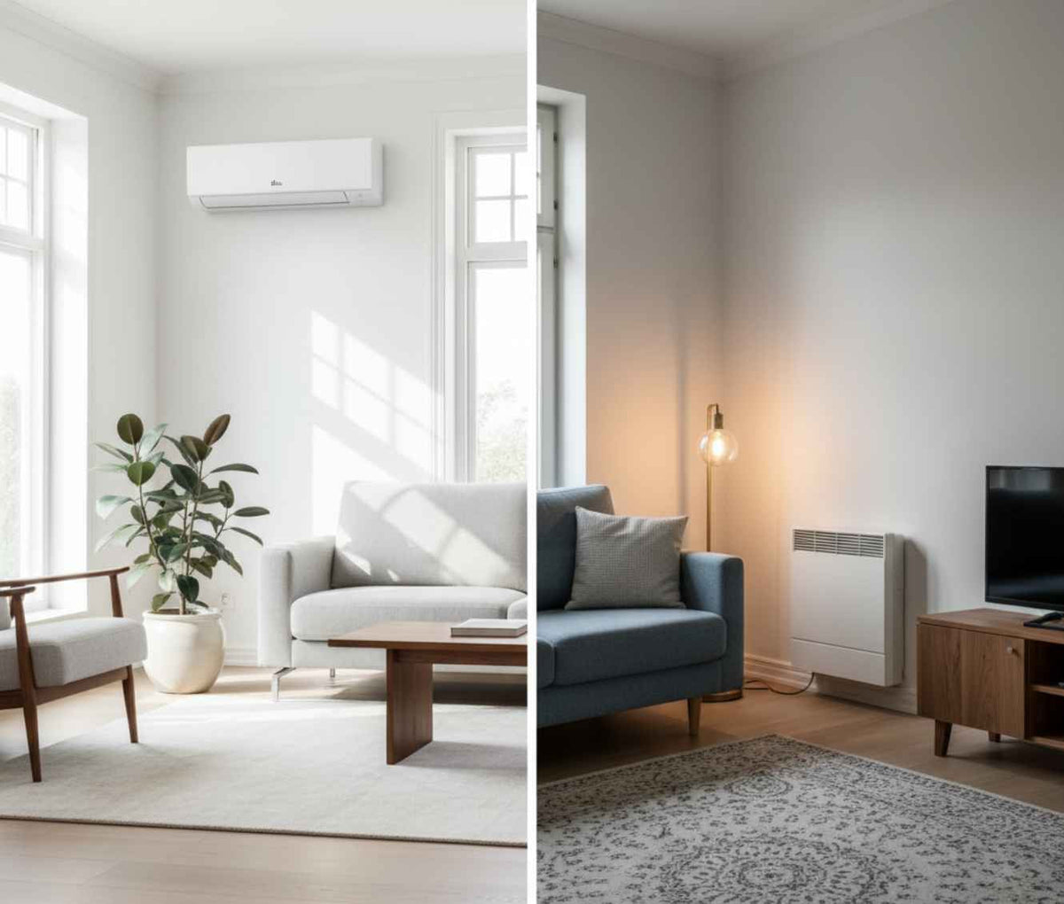 Vergleichsbild zweier Wohnräume im Split-Screen: links eine moderne, helle Einrichtung mit weißer Split-Klimaanlage, rechts ein älterer Wohnraum mit Nachtspeicherheizung.